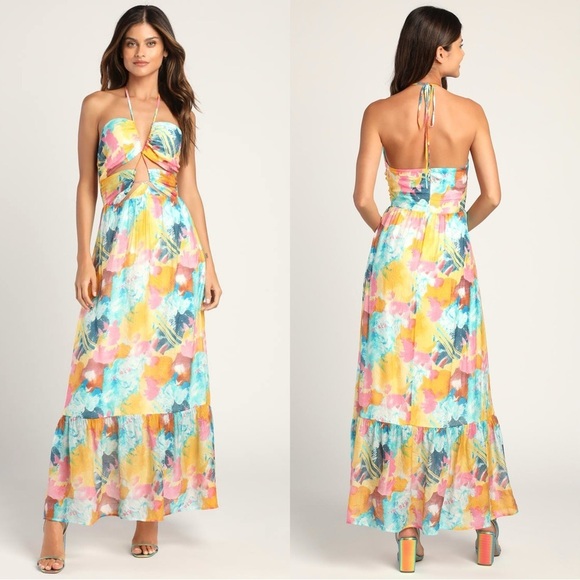 Lulus Dresses & Skirts - Sz L NWOT Lulus Stunning One Multi‎ Abstract Print Drawstring Halter Maxi Dress